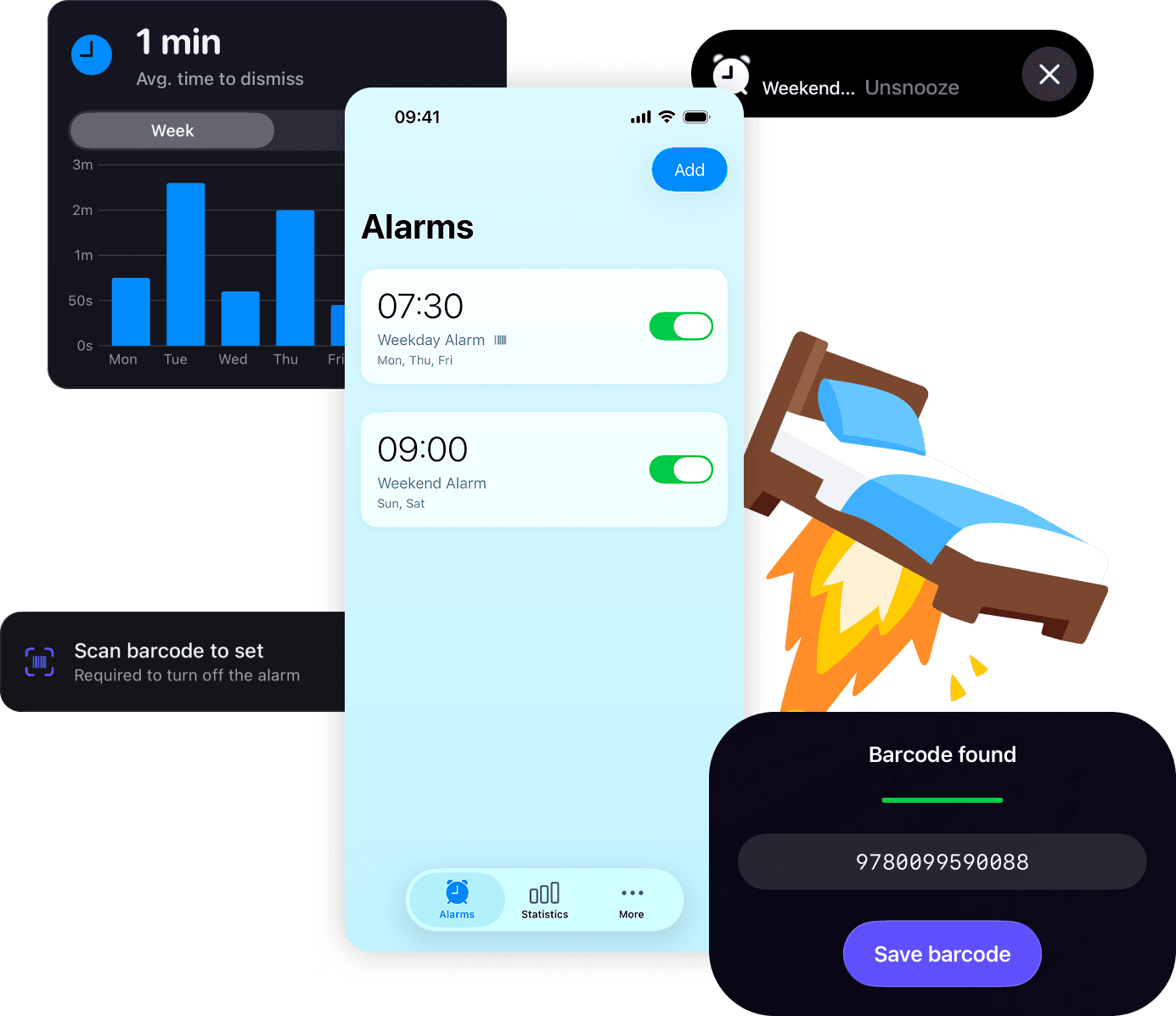 QuitSnooze app: alarm list, statistics, barcode scan to dismiss, and notification preview.